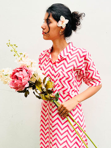 PINK CHEVRON PRINT - HALF AND HALF SHIRT KURTA BESU INDIA