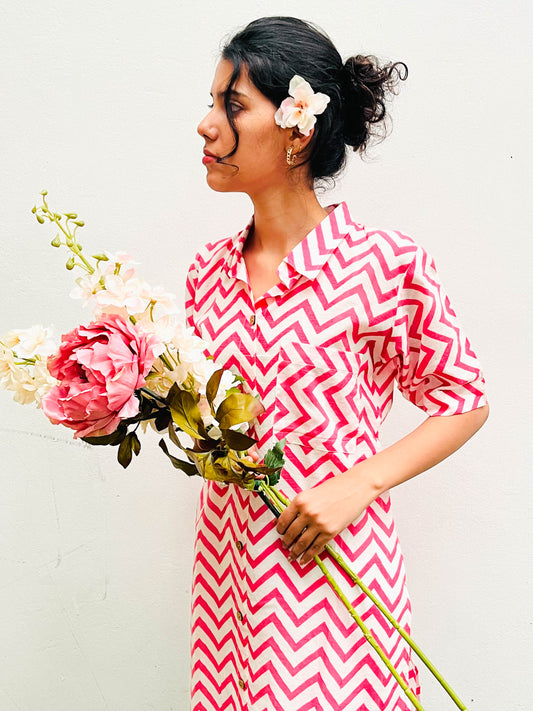 PINK CHEVRON PRINT - HALF AND HALF SHIRT KURTA BESU INDIA