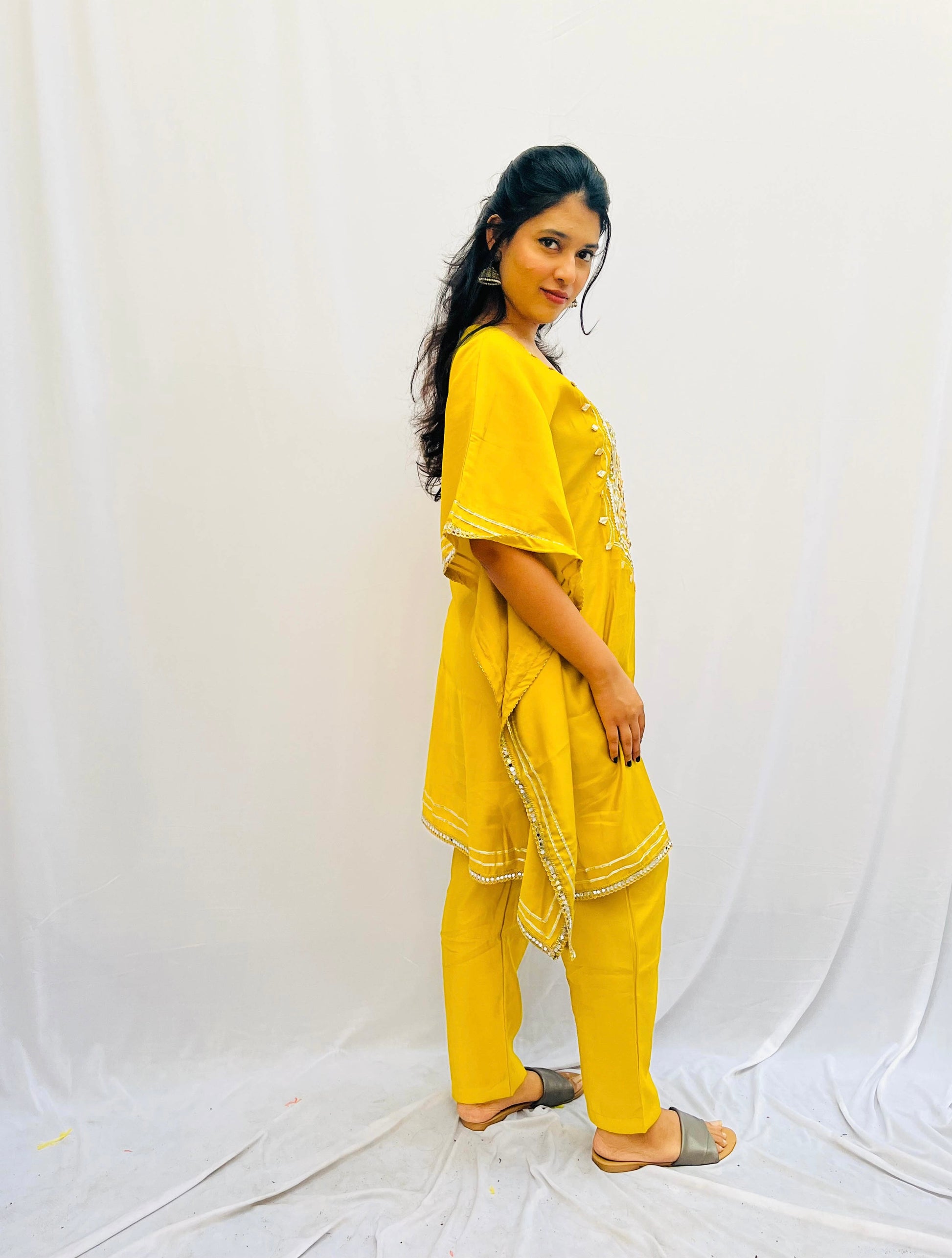 MUSTARD KAFTAN WITH GOLD EMBROIDERY BESU INDIA