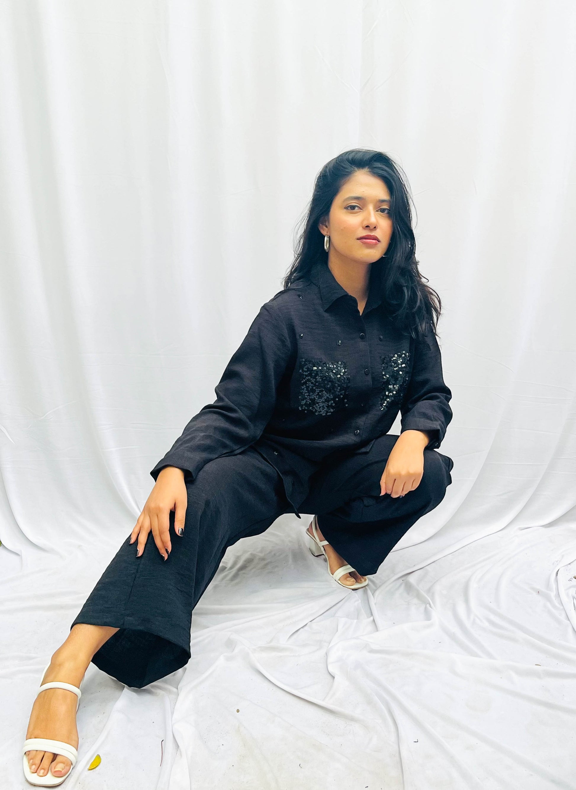 BLACK LINEN CO-ORDS WITH SEQUINS POCKETS BESU INDIA