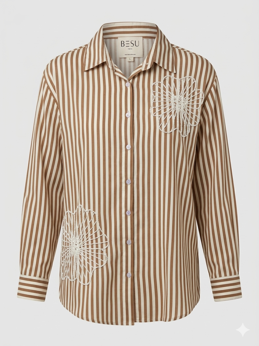 BROWN STRIPED SHIRT WITH PEARL EMBROIDERY BESU INDIA
