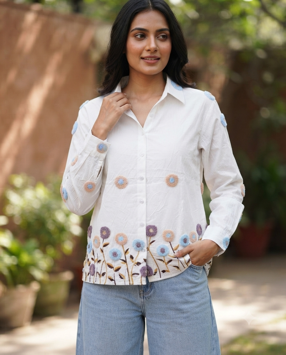 ARTISANAL BLOOM WHITE LINEN BLEND SHIRT BESU INDIA