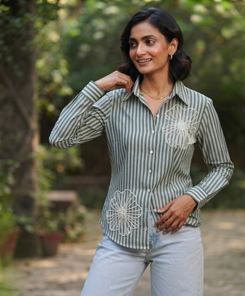 GREEN AND WHITE STRIPED SHIRT WITH PEARL BEADS EMBROIDERY BESU INDIA