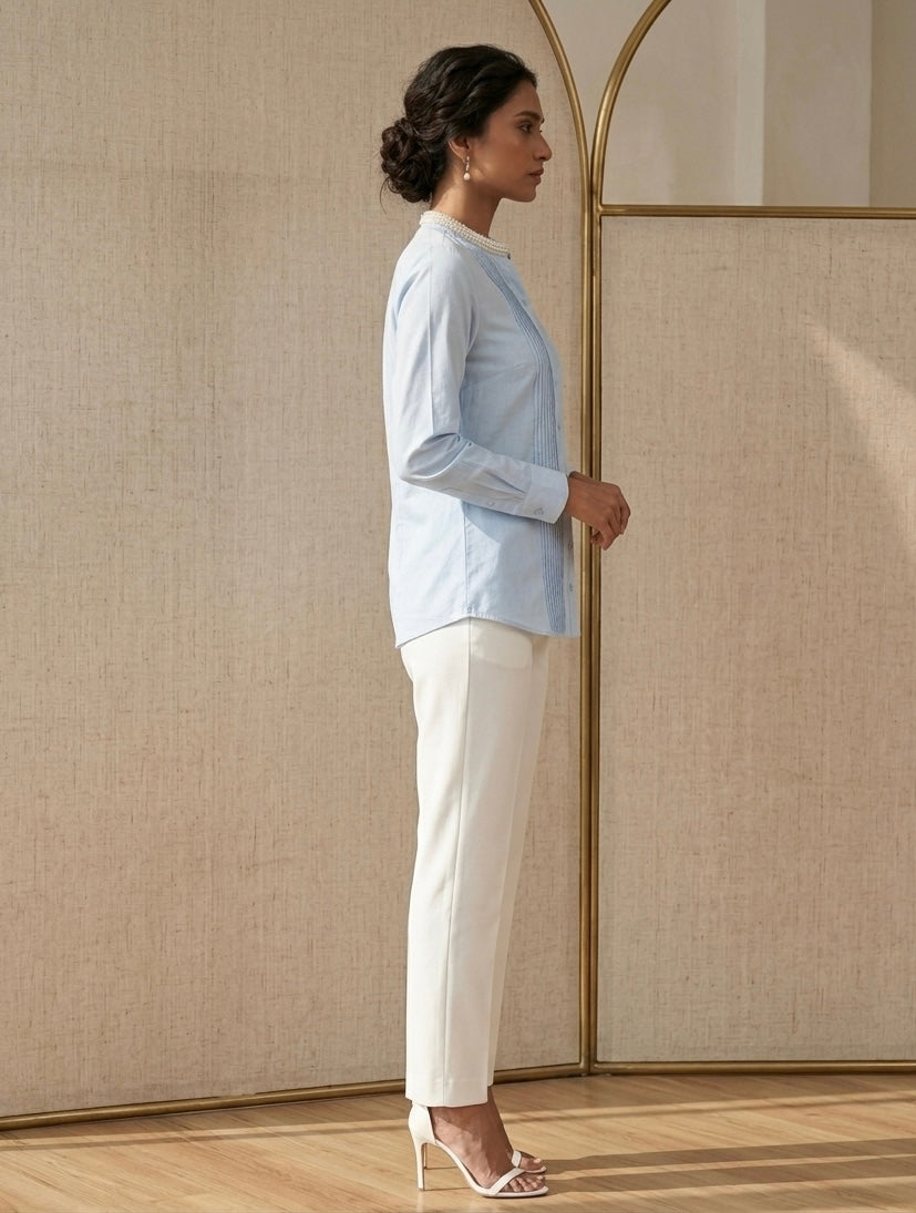 POWDER BLUE SHIRT WITH EMBROIDERED COLLAR BESU INDIA