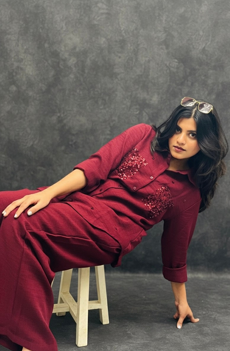 WINE RED LINEN CO-ORDS WITH SEQUINS POCKETS BESU INDIA