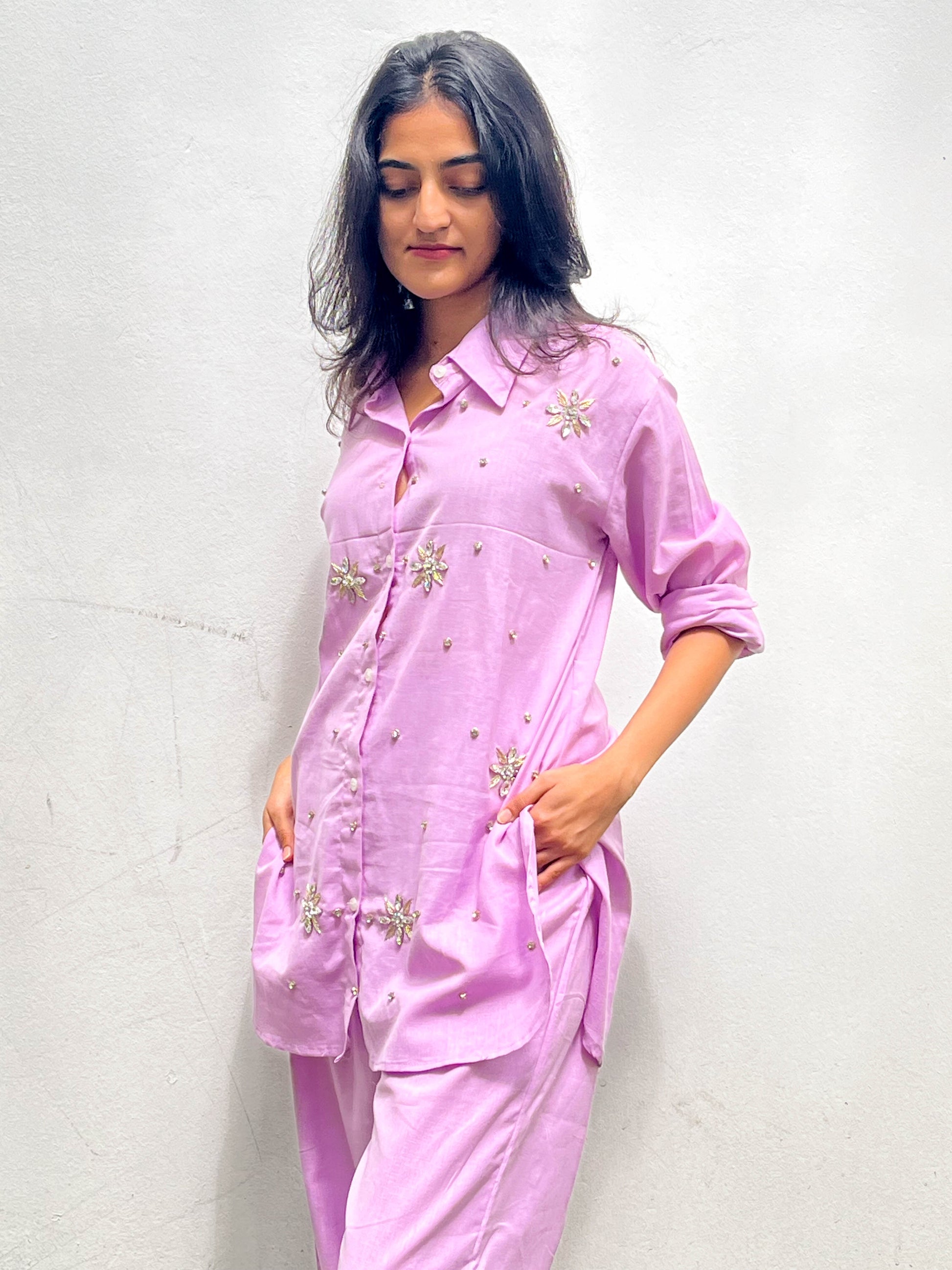 LAVENDER STONE EMBELLISHED LINEN CO-ORD SET BESU INDIA
