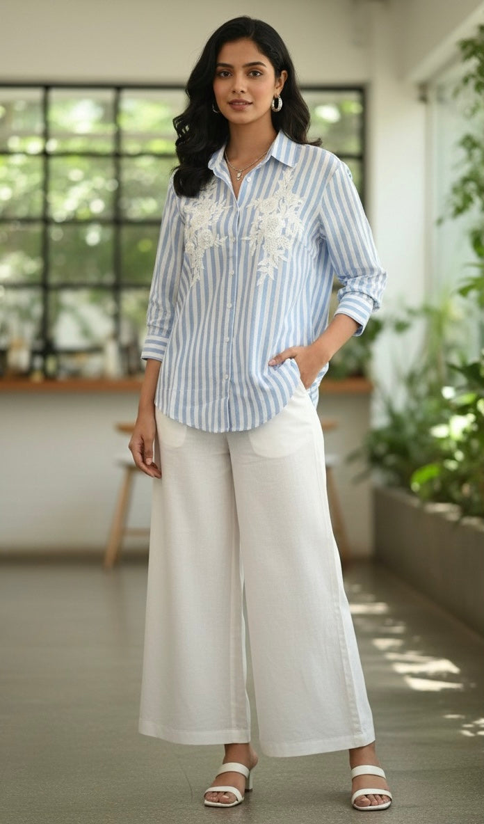 BLUE AND WHITE STRIPED SHIRT WITH SEQUINS EMBROIDERY BESU INDIA