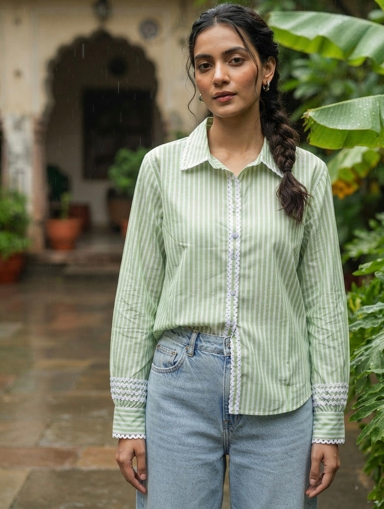 THE SAGE SCALLOP-TRIM STRIPE SHIRT BESU INDIA