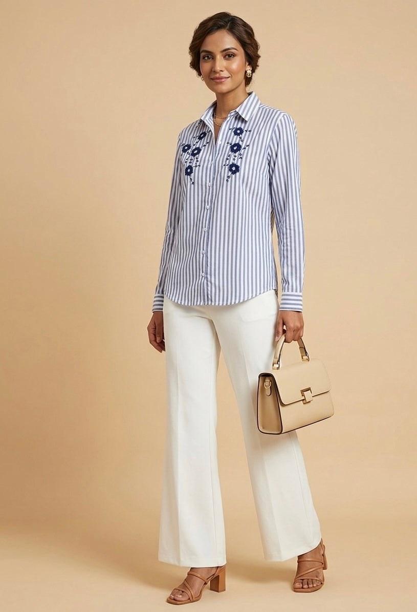 NAVY BLUE STRIPED SHIRT WITH FLORAL EMBROIDERY BESU INDIA