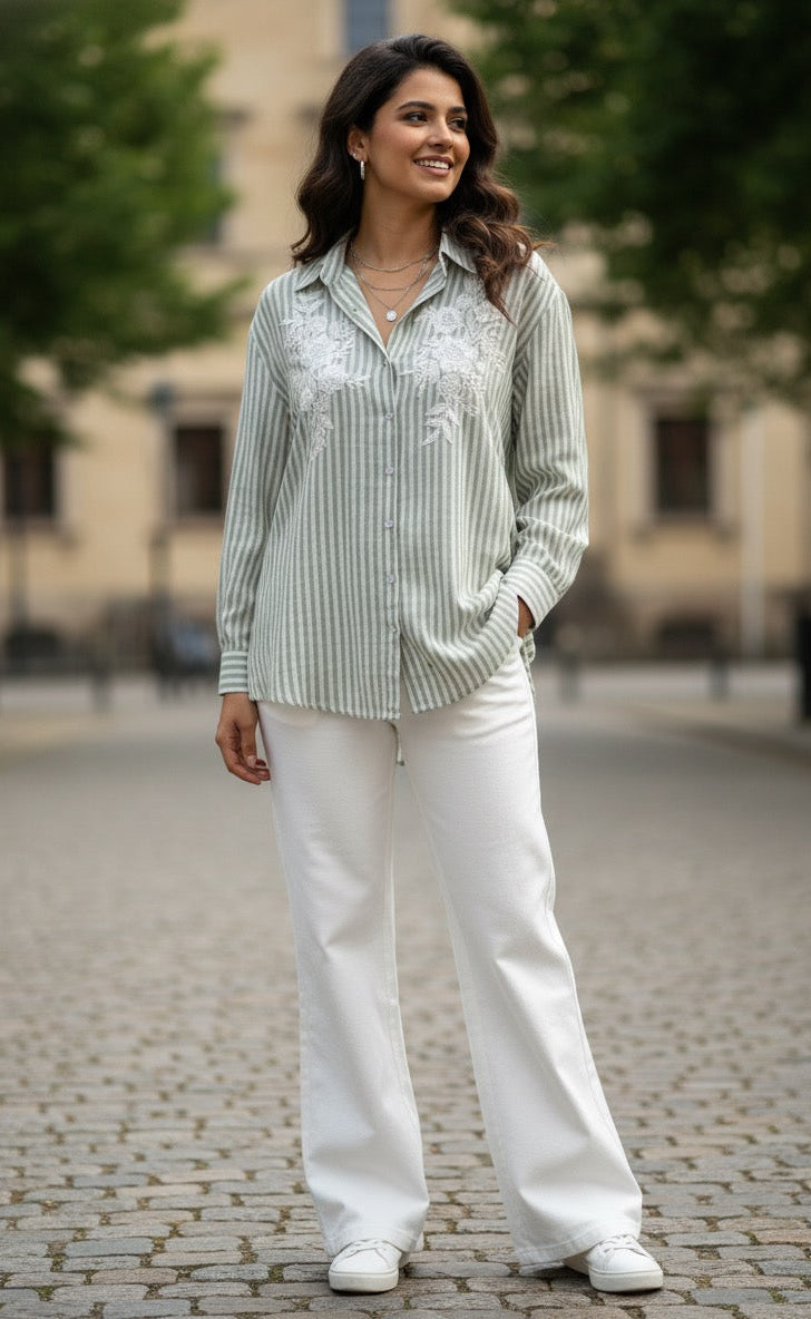 LIGHT SAGE GREEN AND WHITE STRIPED COTTON SHIRT BESU INDIA