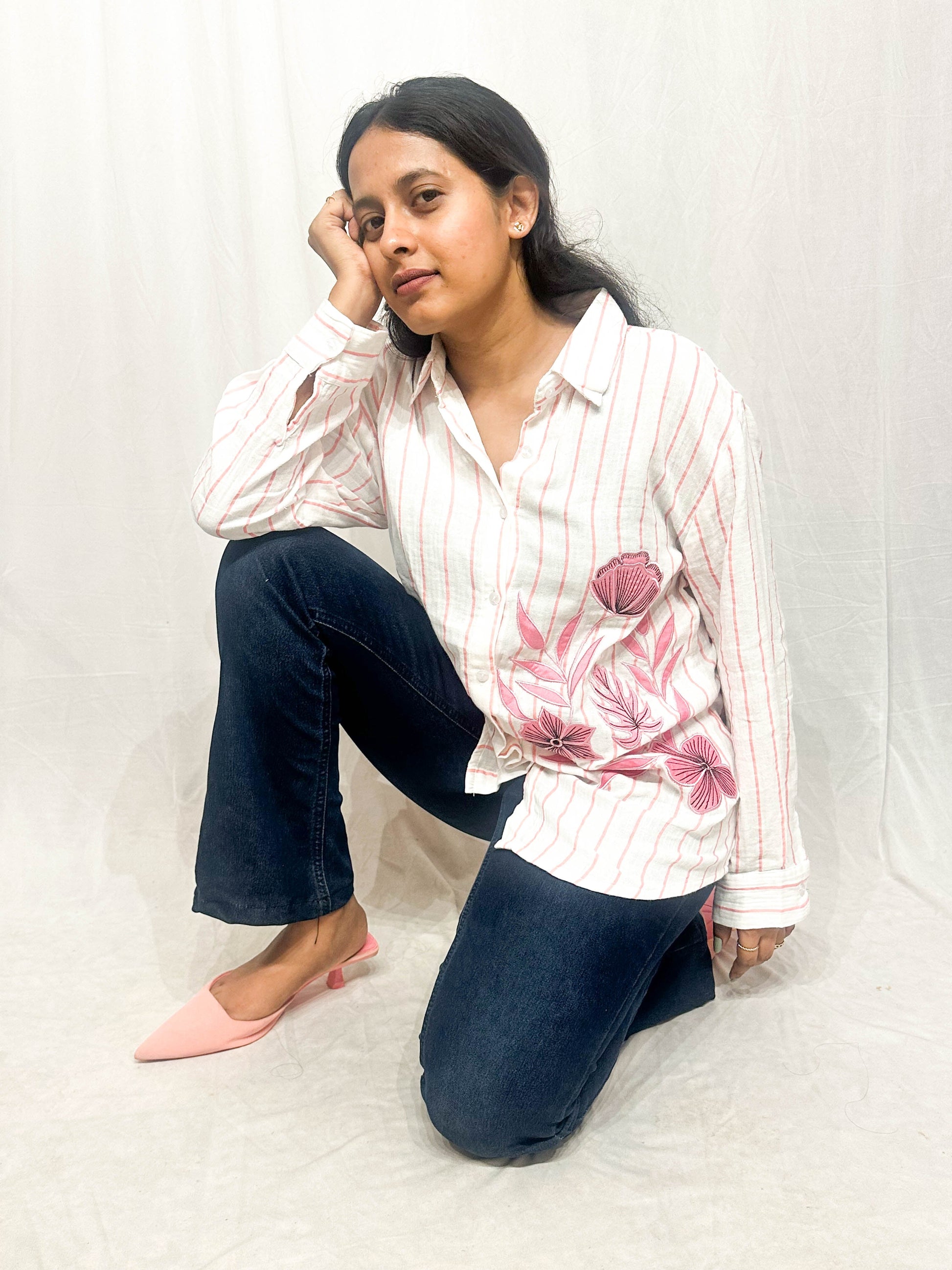 BLACK AND WHITE STRIPED SOFT COTTON SHIRT WITH PATCHWORK BESU INDIA