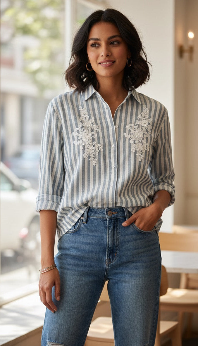 LIGHT BLUE STRIPED SHIRT WITH EMBROIDERED PATCH WORK BESU INDIA