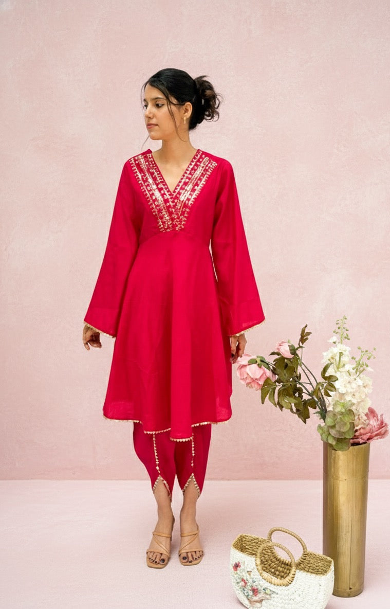 PINK SEQUINS HIGHLIGHTED KURTA SET WITH TULIP PANTS BESU INDIA