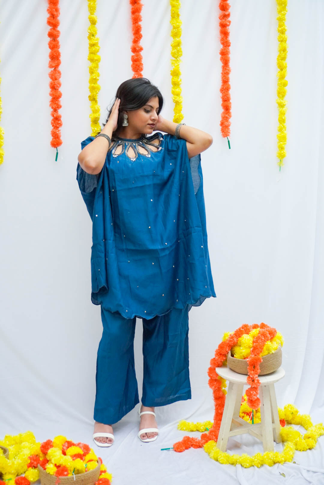 SULPHATE BLUE EMBROIDERED CAPE SET BESU INDIA