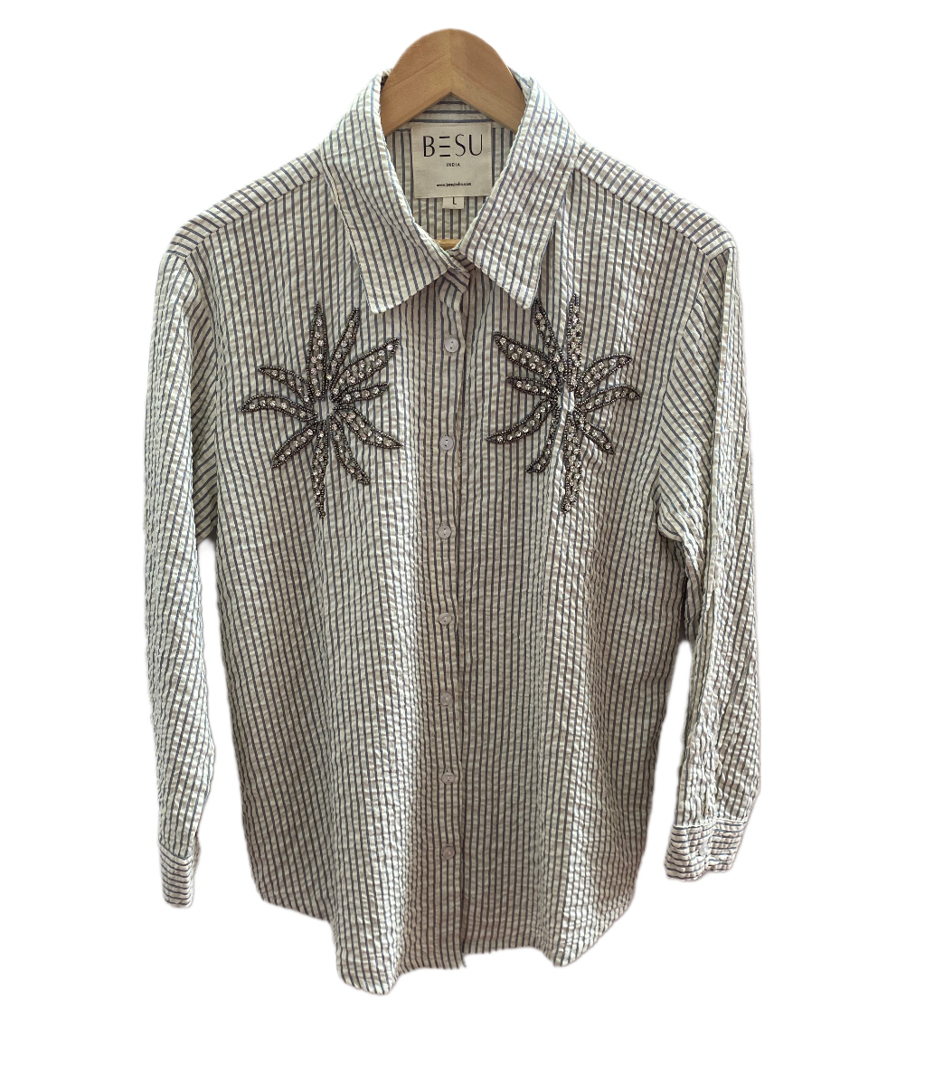 GREY AND WHITE STRIPES TEXTURED COTTON SHIRT WITH EMBELLISHMENTS BESU INDIA