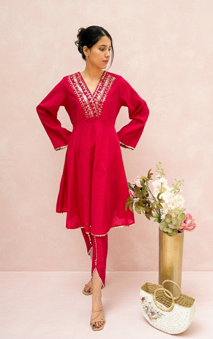 PINK SEQUINS HIGHLIGHTED KURTA SET WITH TULIP PANTS BESU INDIA