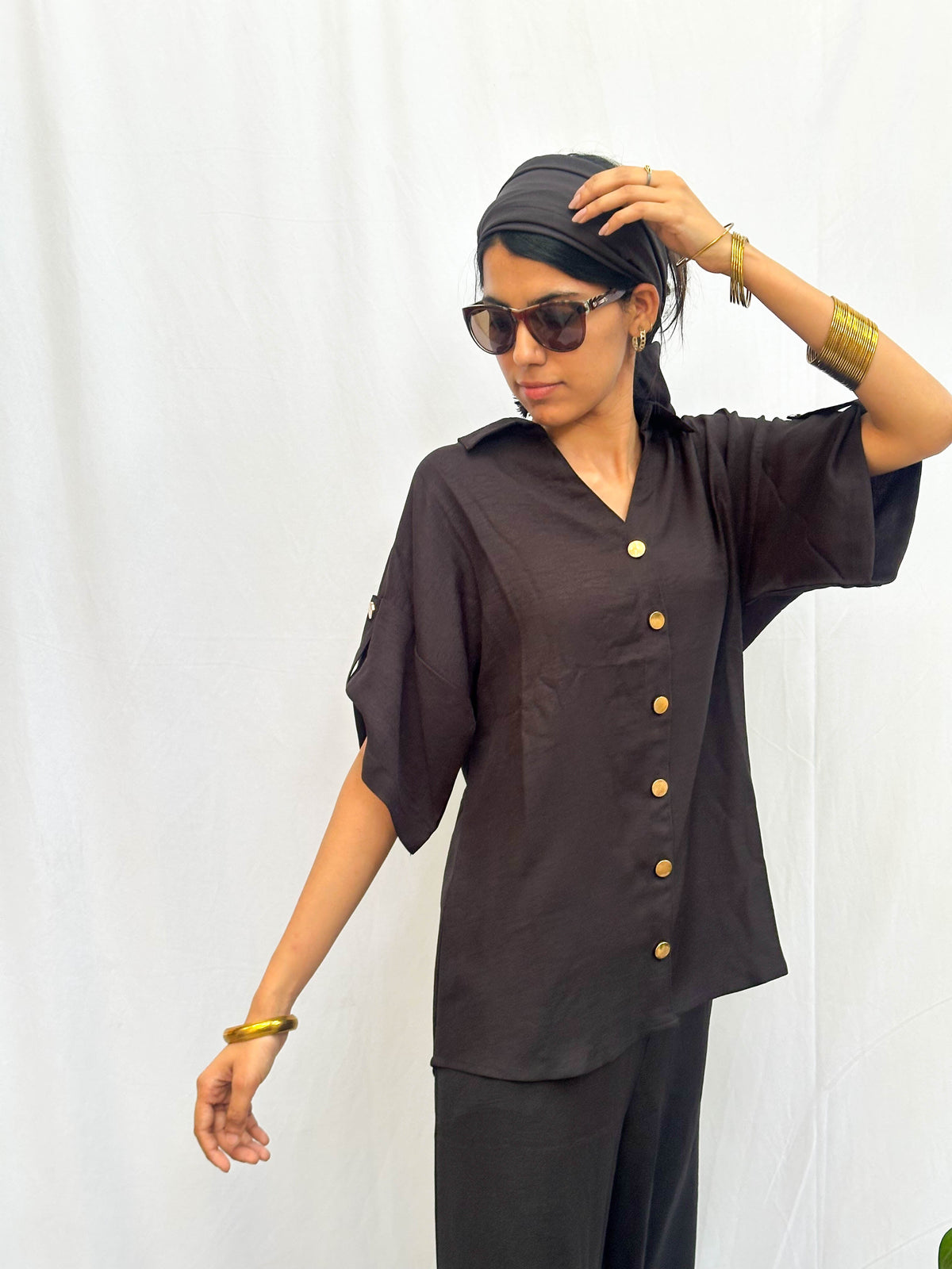 Black Cotton Co-Ord with Signature Gold Buttons BESU INDIA