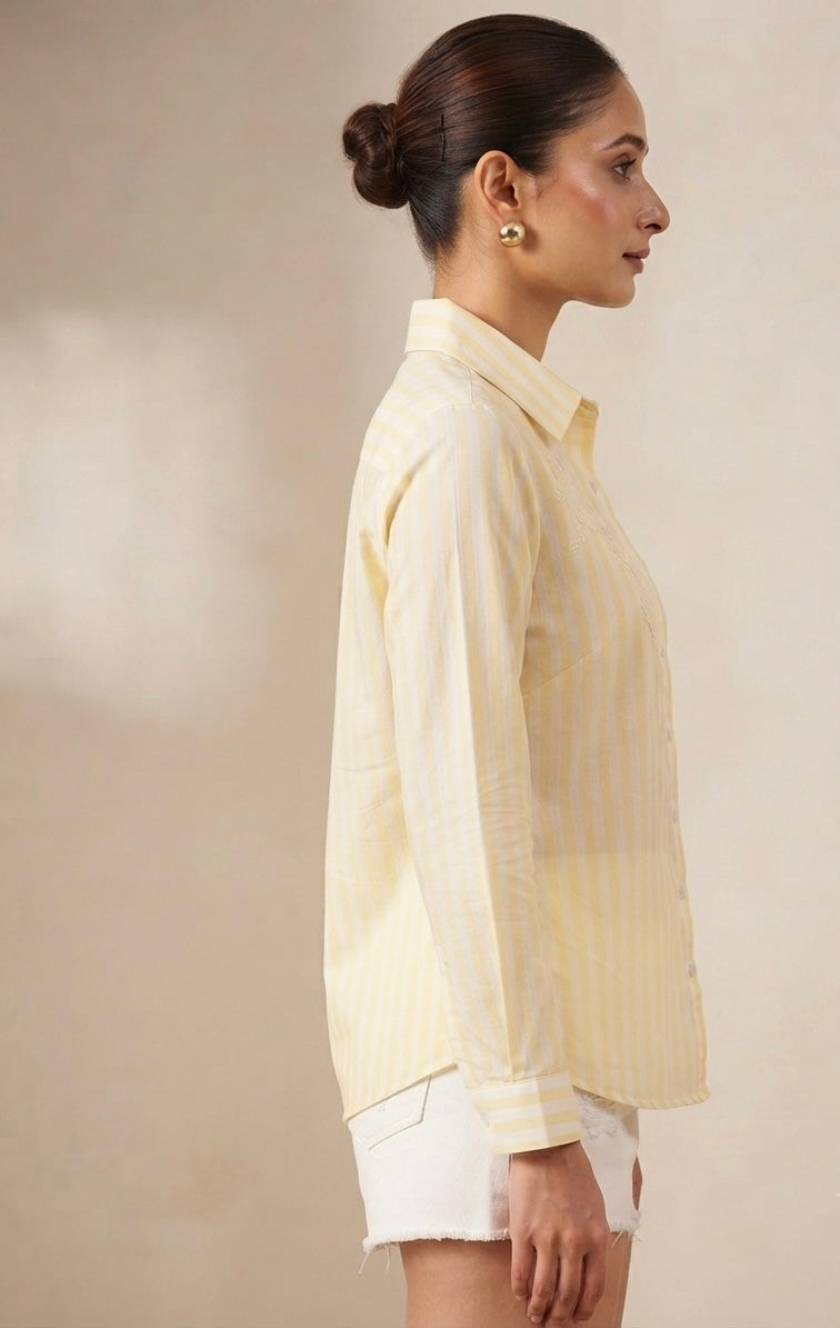 YELLOW STRIPED SHIRT WITH FLORAL EMBROIDERY BESU INDIA