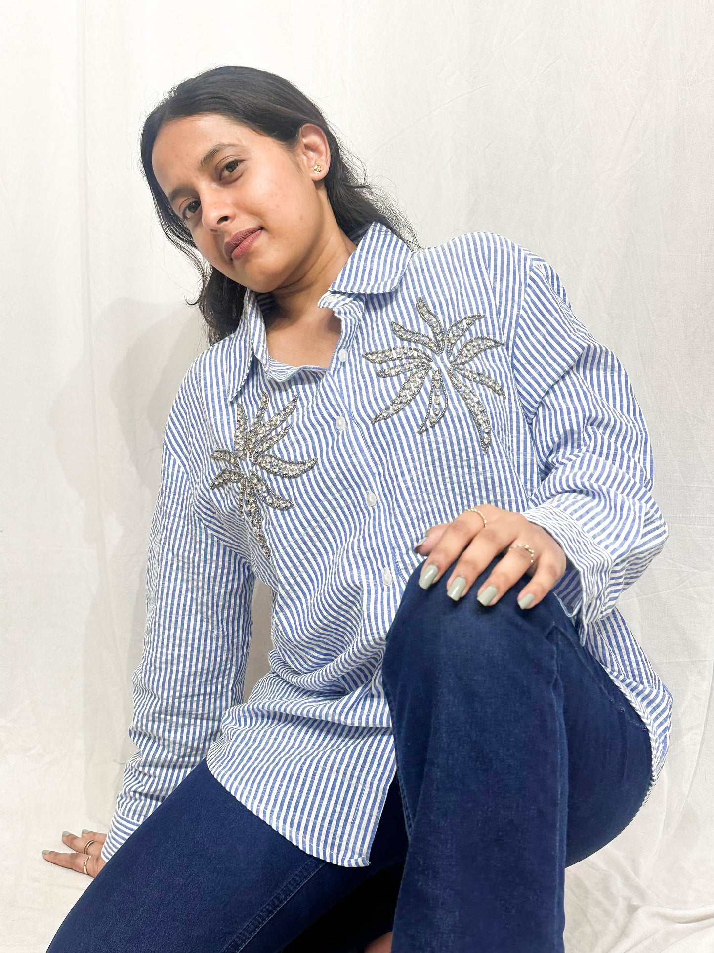 BLUE STRIPED SHIRT WITH HAND EMBELLISHMENTS COTTON SHIRT BESU INDIA