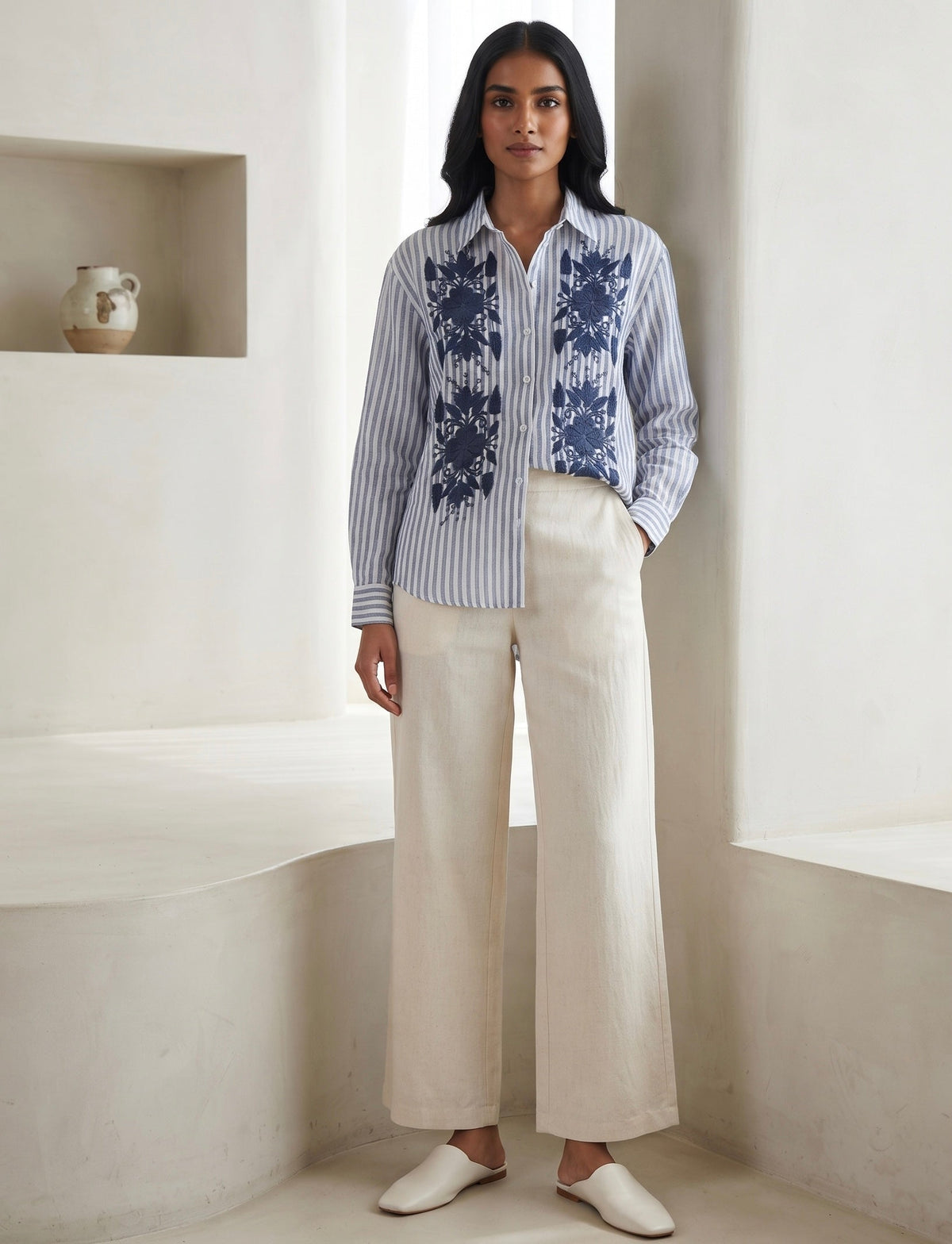 NAVY BLUE STRIPED EMBROIDERED SHIRT BESU INDIA