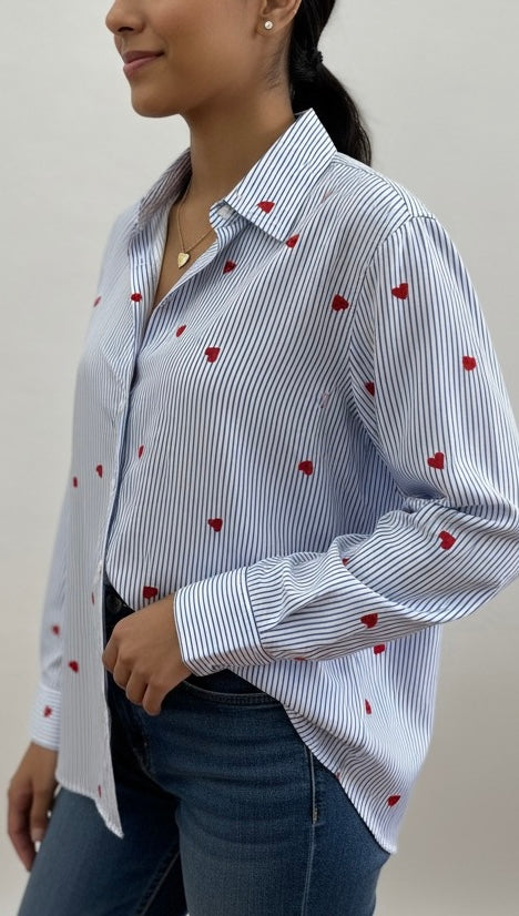 BLUE STRIPED COTTON SHIRT WITH HEART PRINTS BESU INDIA