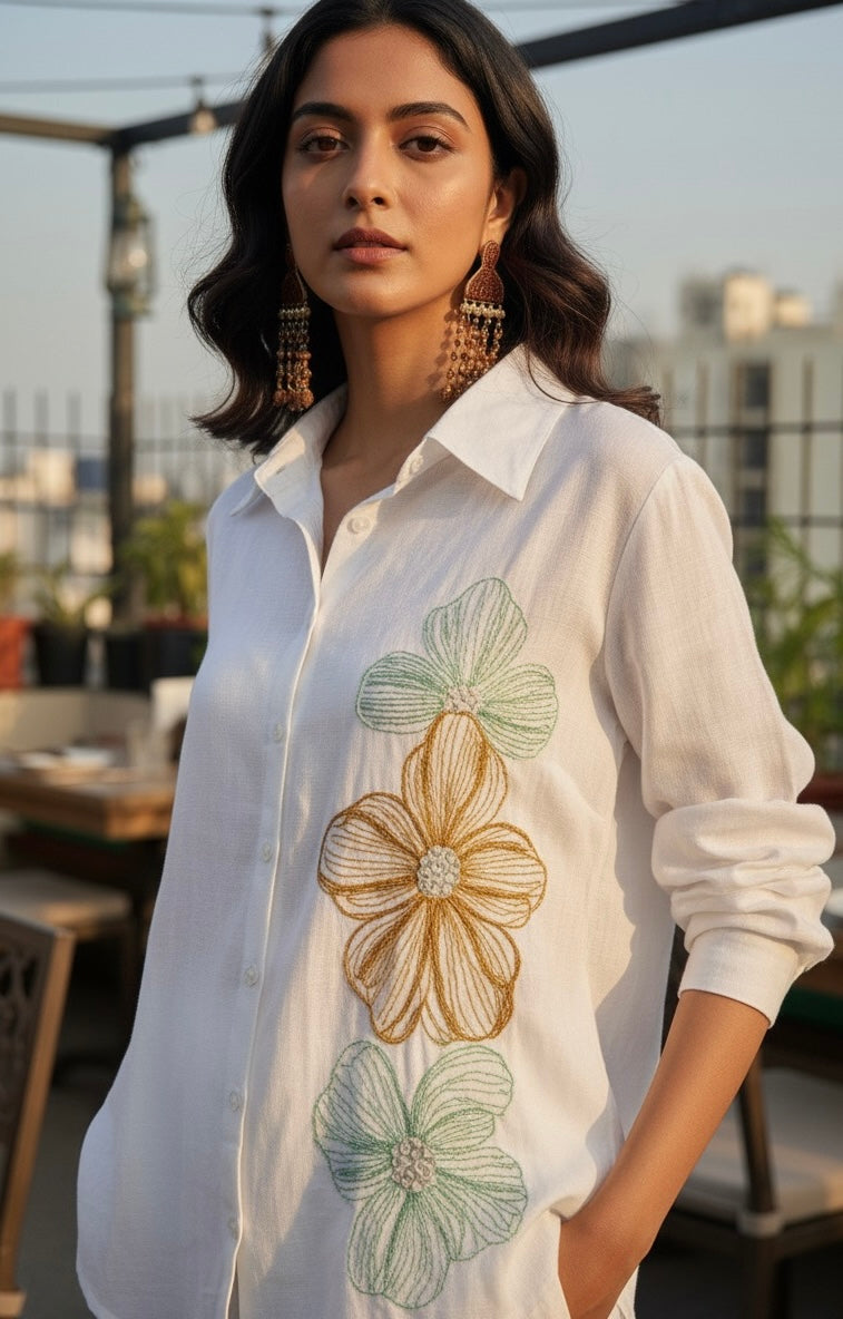 WHITE LINEN COLOURFUL THREAD EMBROIDERED AND EMBELLISHED CO-ORDS BESU INDIA
