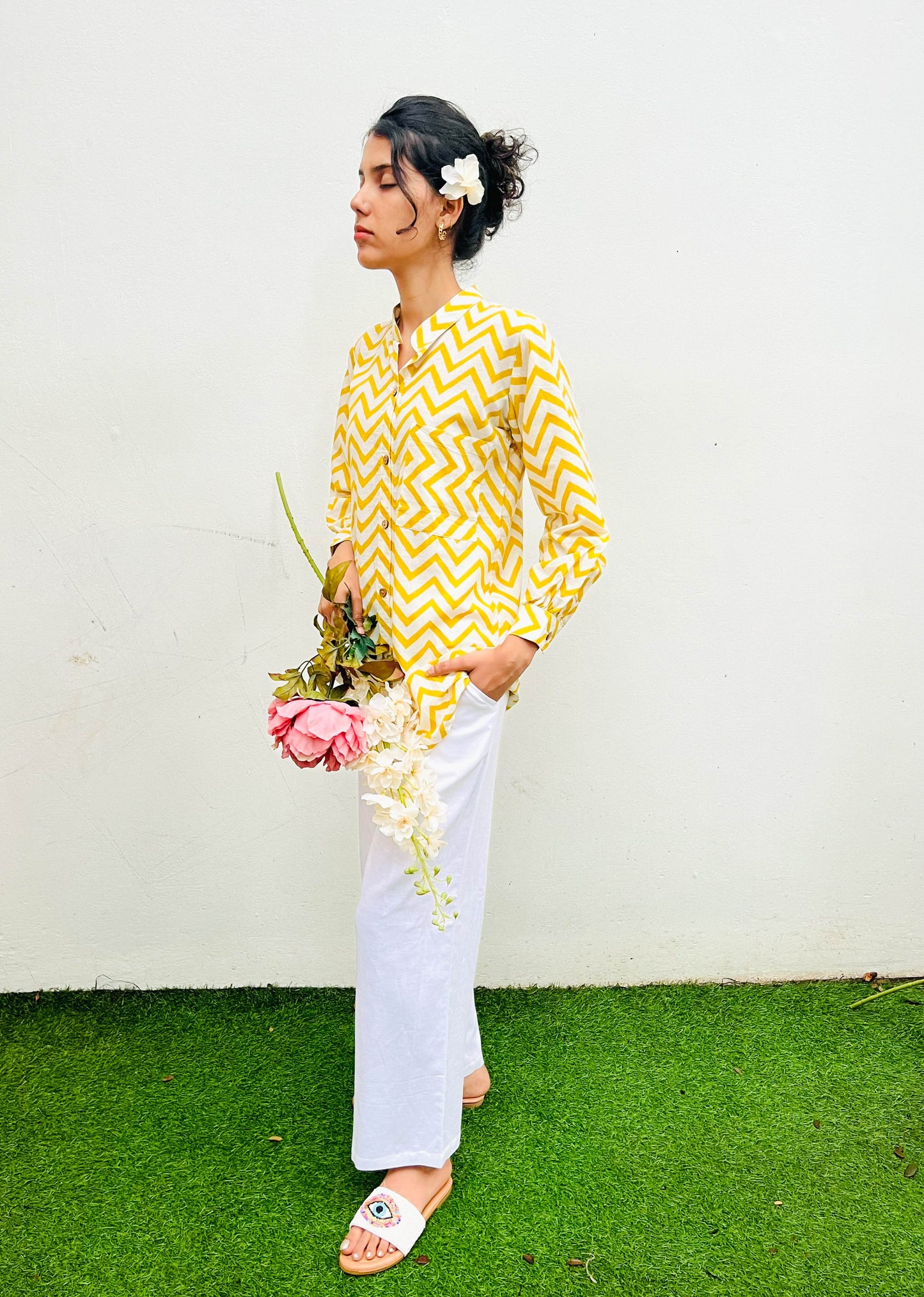 MUSTARD CHEVRON PRINT COTTON SHIRT / KURTA BESU INDIA