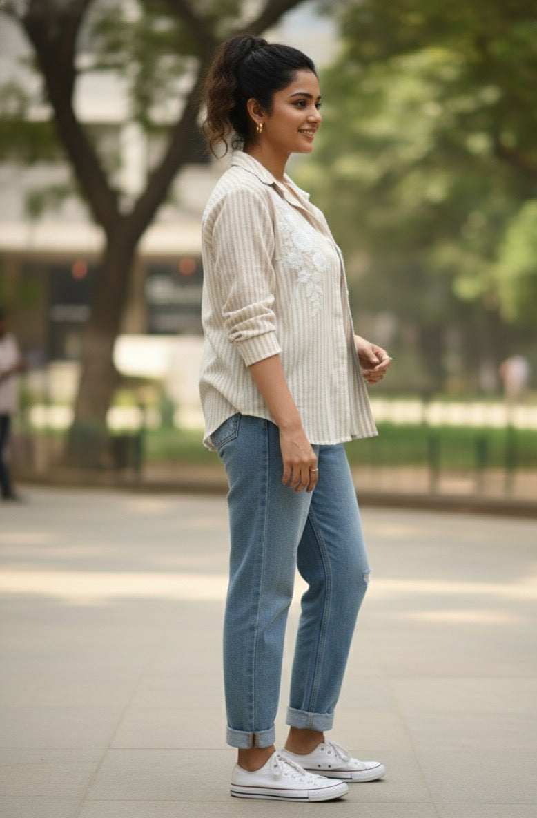 BEIGE AND WHITE STRIPED COTTON SHIRT WITH PATCH WORK BESU INDIA