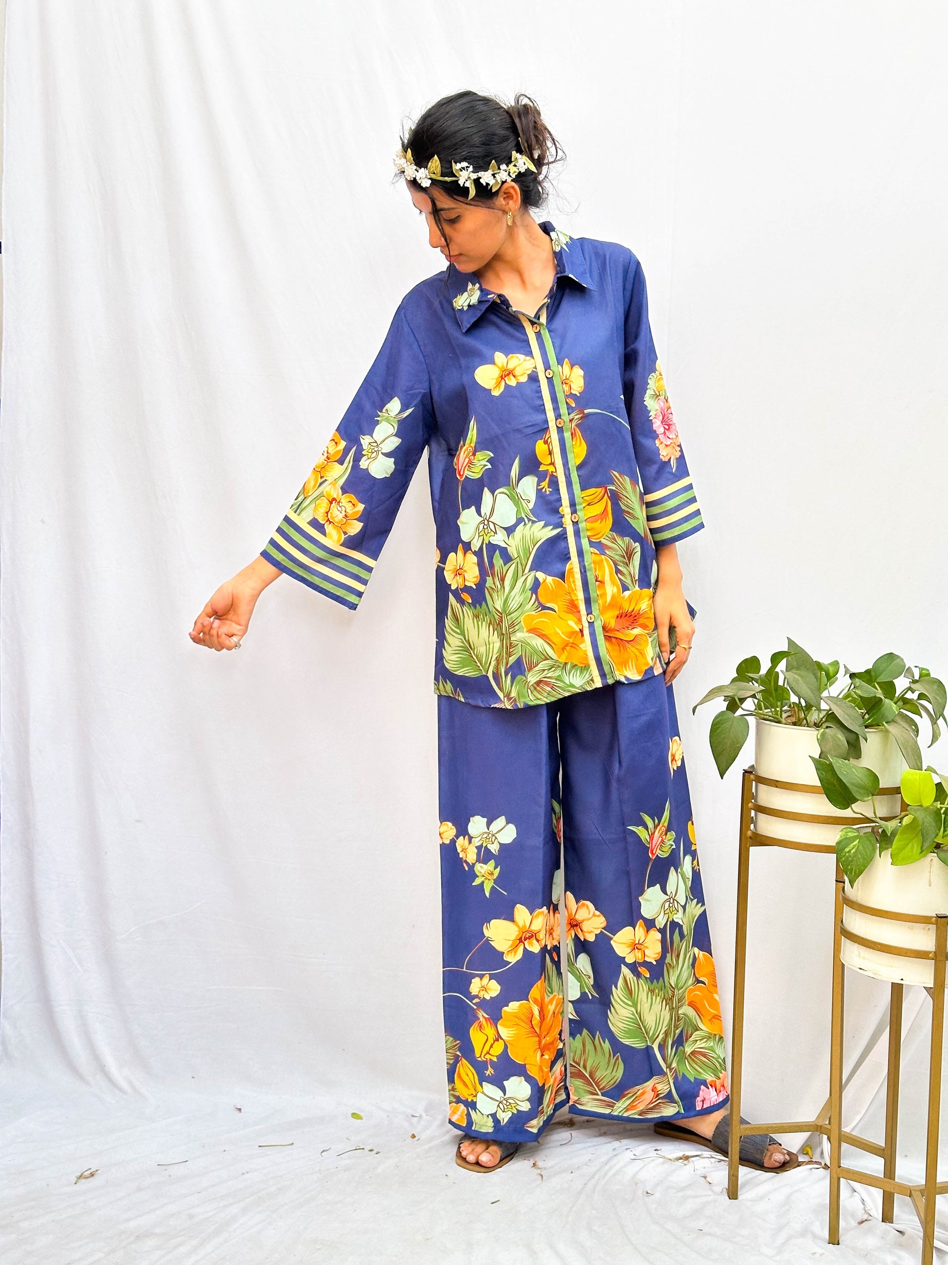 DEEP BLUE TROPICAL FLORAL PRINTED COTTON CO-ORD SET BESU INDIA