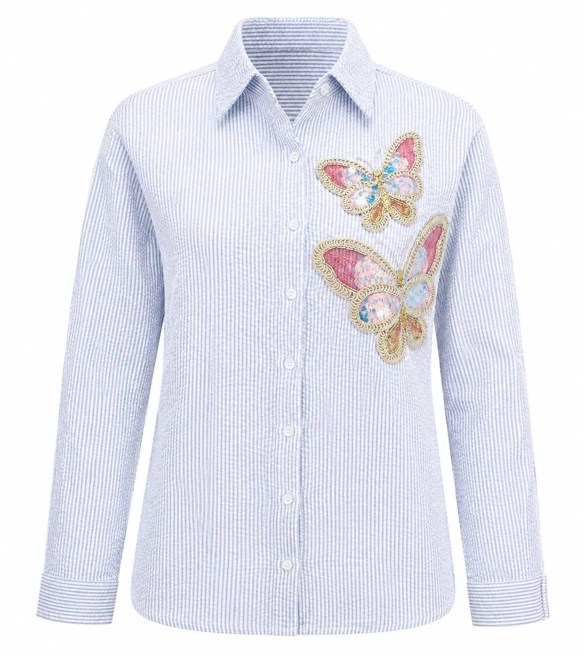 THE LIGHT-BLUE BUTTERFLY SEQUINED STRIPE SHIRT BESU INDIA