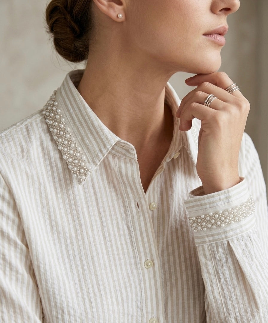 BEIGE STRIPED SHIRT WITH EMBROIDERED COLLAR AND CUFFS BESU INDIA