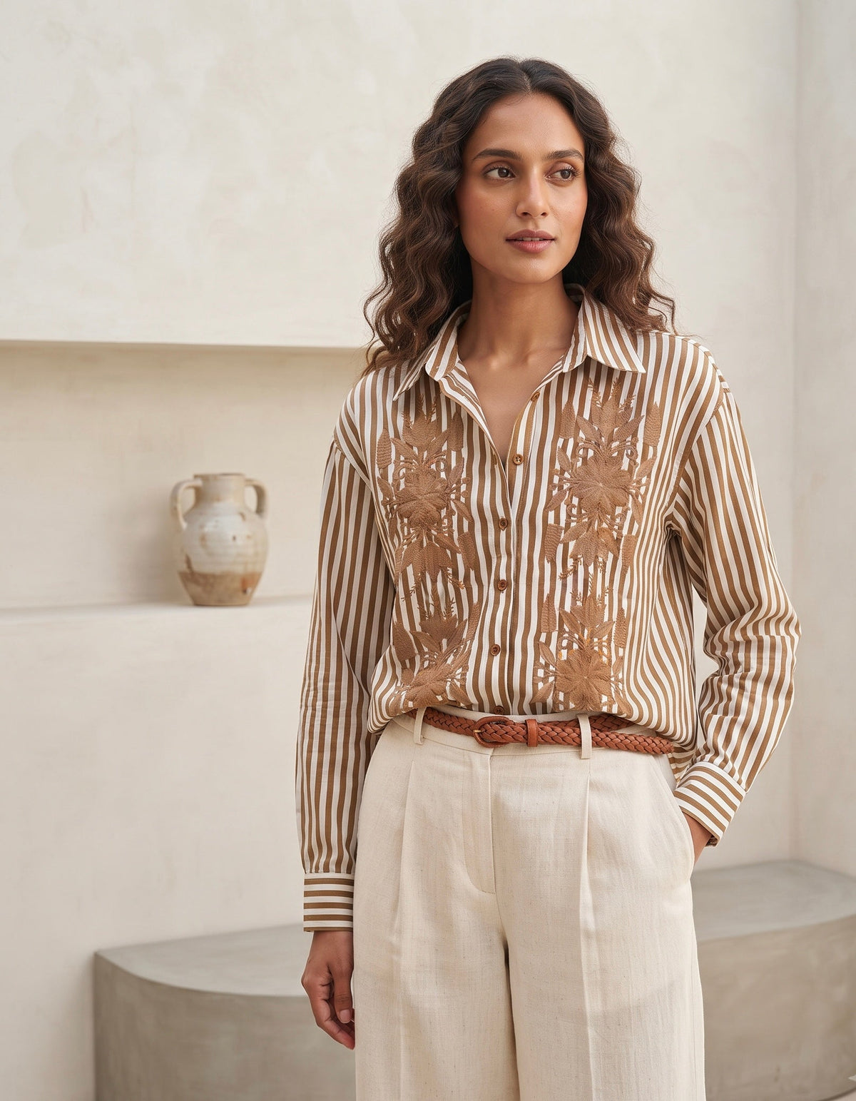 THE BROWN STRIPE SHIRT WITH EMBROIDERY BESU INDIA
