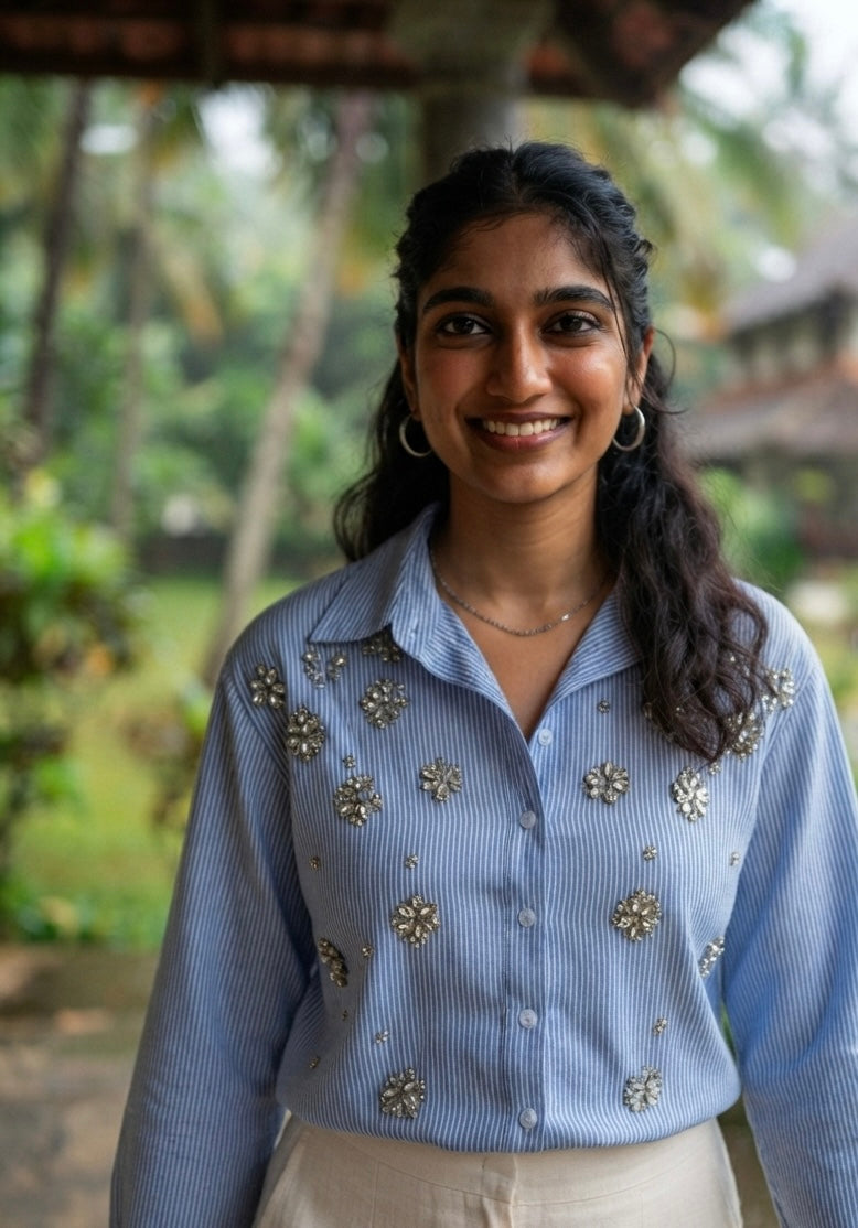 THE BLUE STRIPE SHIRT WITH STONE EMBELLISHMENTS BESU INDIA