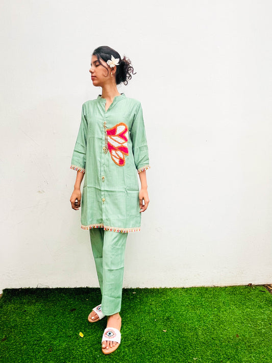 TURQUOISE BUTTERFLY EMBROIDERED CO-ORDS BESU INDIA
