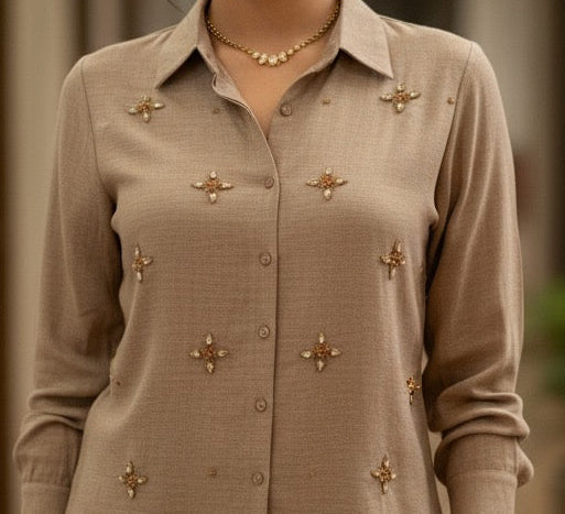 BEIGE COTTON EMBELLISHED CLASSIC CO-ORD BESU INDIA