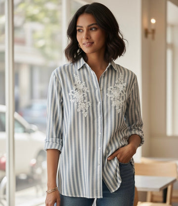 LIGHT BLUE STRIPED SHIRT WITH EMBROIDERED PATCH WORK BESU INDIA