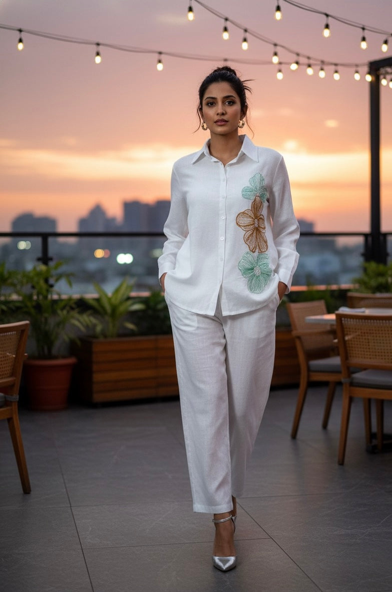 WHITE LINEN COLOURFUL THREAD EMBROIDERED AND EMBELLISHED CO-ORDS BESU INDIA