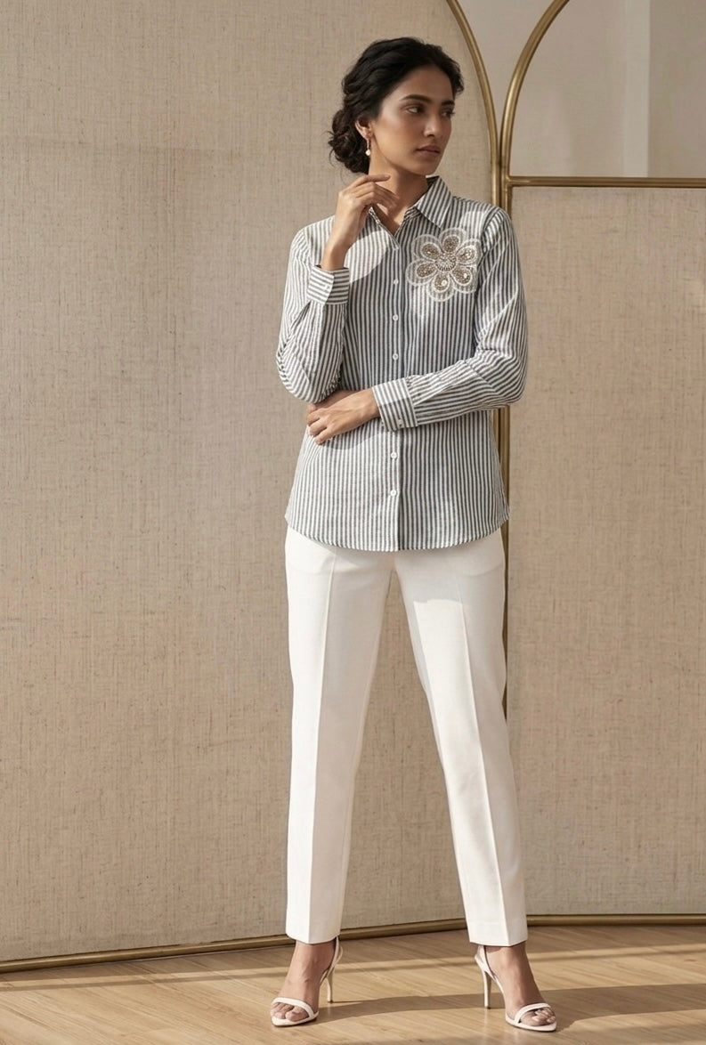 GREY AND WHITE STRIPED SHIRT WITH FLORAL DETAIL BESU INDIA