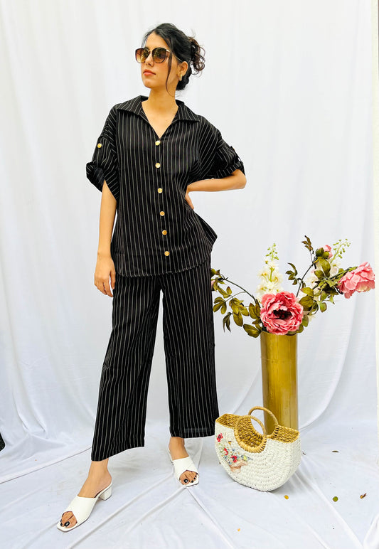WHITE STRIPES ON BLACK LINEN CO-ORDS BESU INDIA