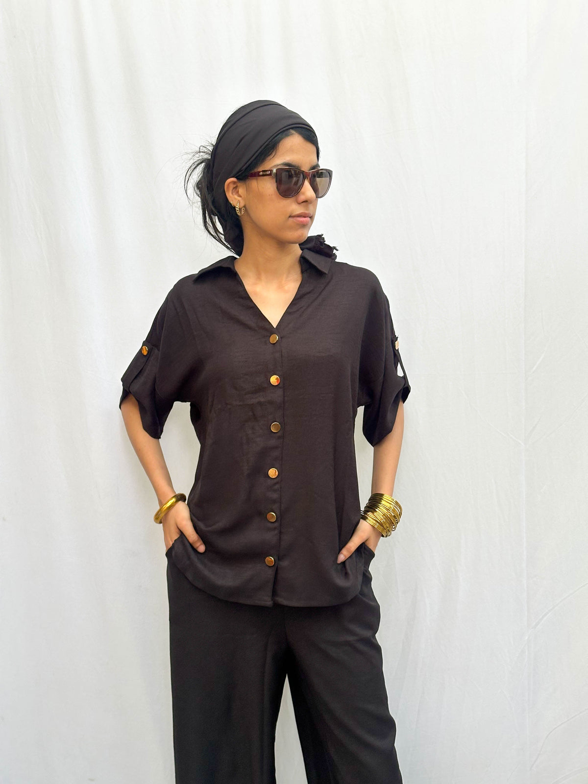 Black Cotton Co-Ord with Signature Gold Buttons BESU INDIA