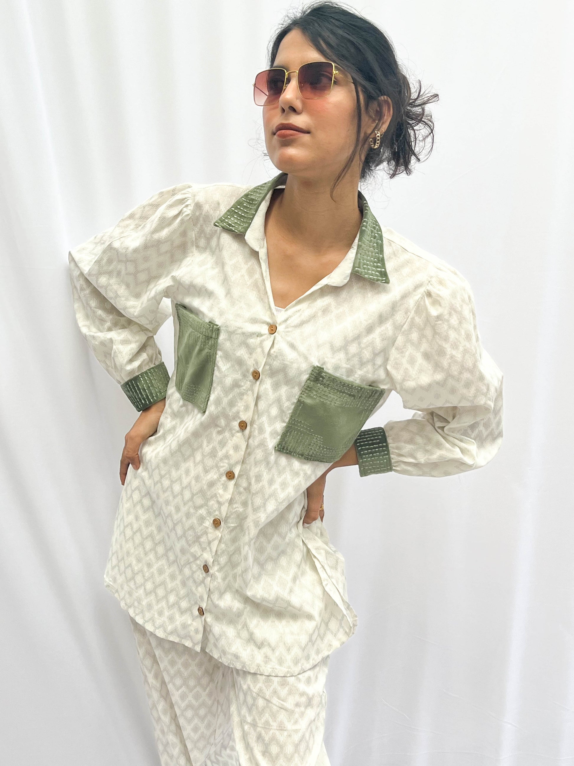 GREEN SUEDE PATCH WORKED - TEXTURED COTTON CO-ORD BESU INDIA