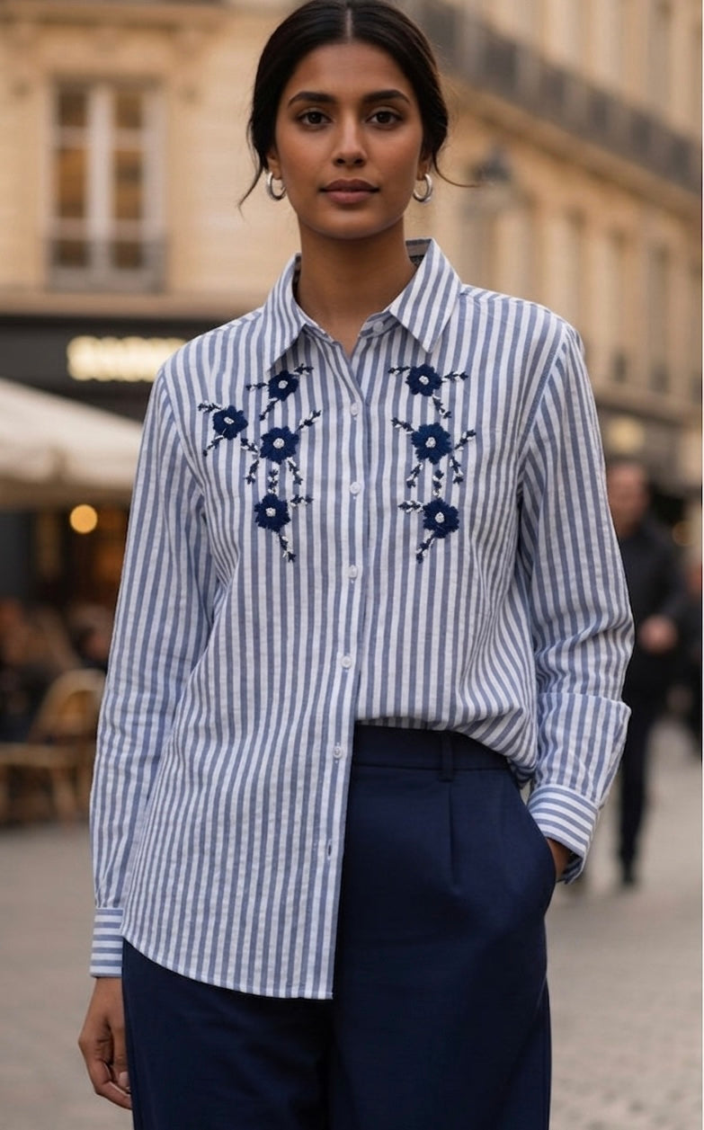 NAVY BLUE STRIPED SHIRT WITH FLORAL EMBROIDERY BESU INDIA