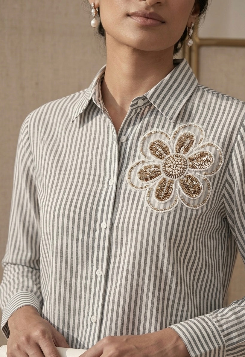 GREY AND WHITE STRIPED SHIRT WITH FLORAL DETAIL BESU INDIA