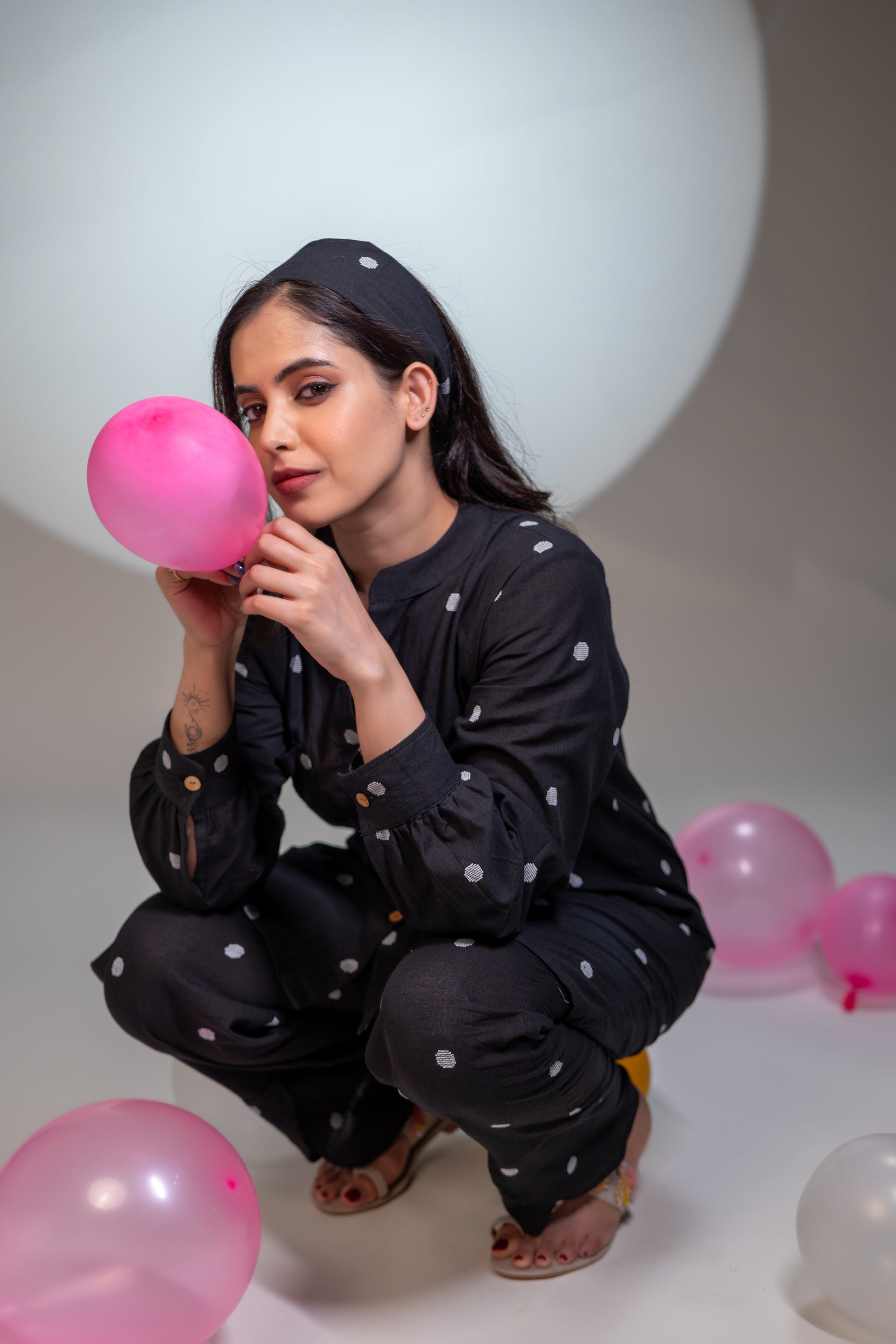 BLACK POLKA DOTTED COTTON CO-ORD KURTA SET BESU INDIA