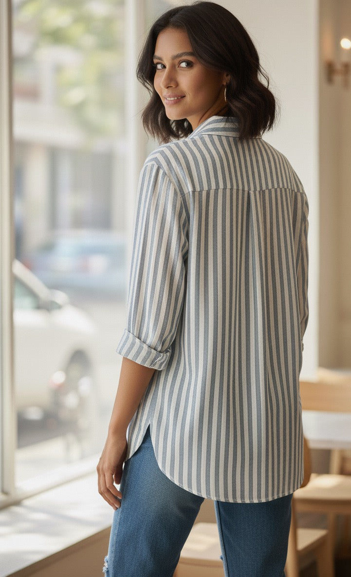 LIGHT BLUE STRIPED SHIRT WITH EMBROIDERED PATCH WORK BESU INDIA