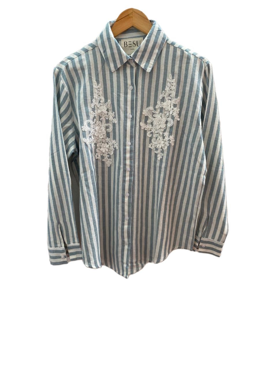 LIGHT BLUE STRIPED SHIRT WITH EMBROIDERED PATCH WORK BESU INDIA