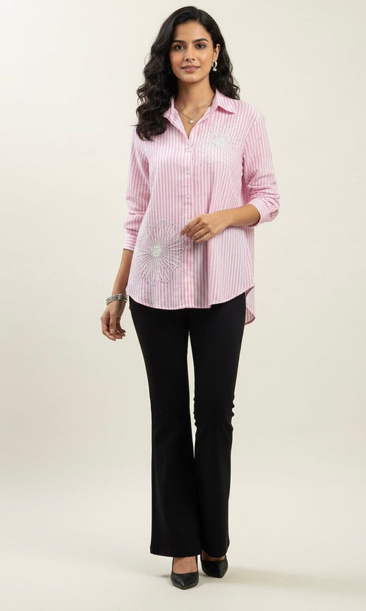 PINK AND WHITE STRIPED SHIRT WITH PEARL EMBROIDERY BESU INDIA