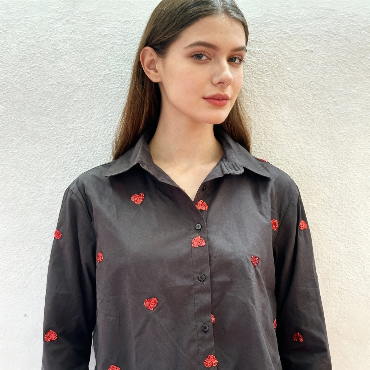 BLACK COTTON SHIRT WITH SEQUINS HEART EMBROIDERY BESU INDIA