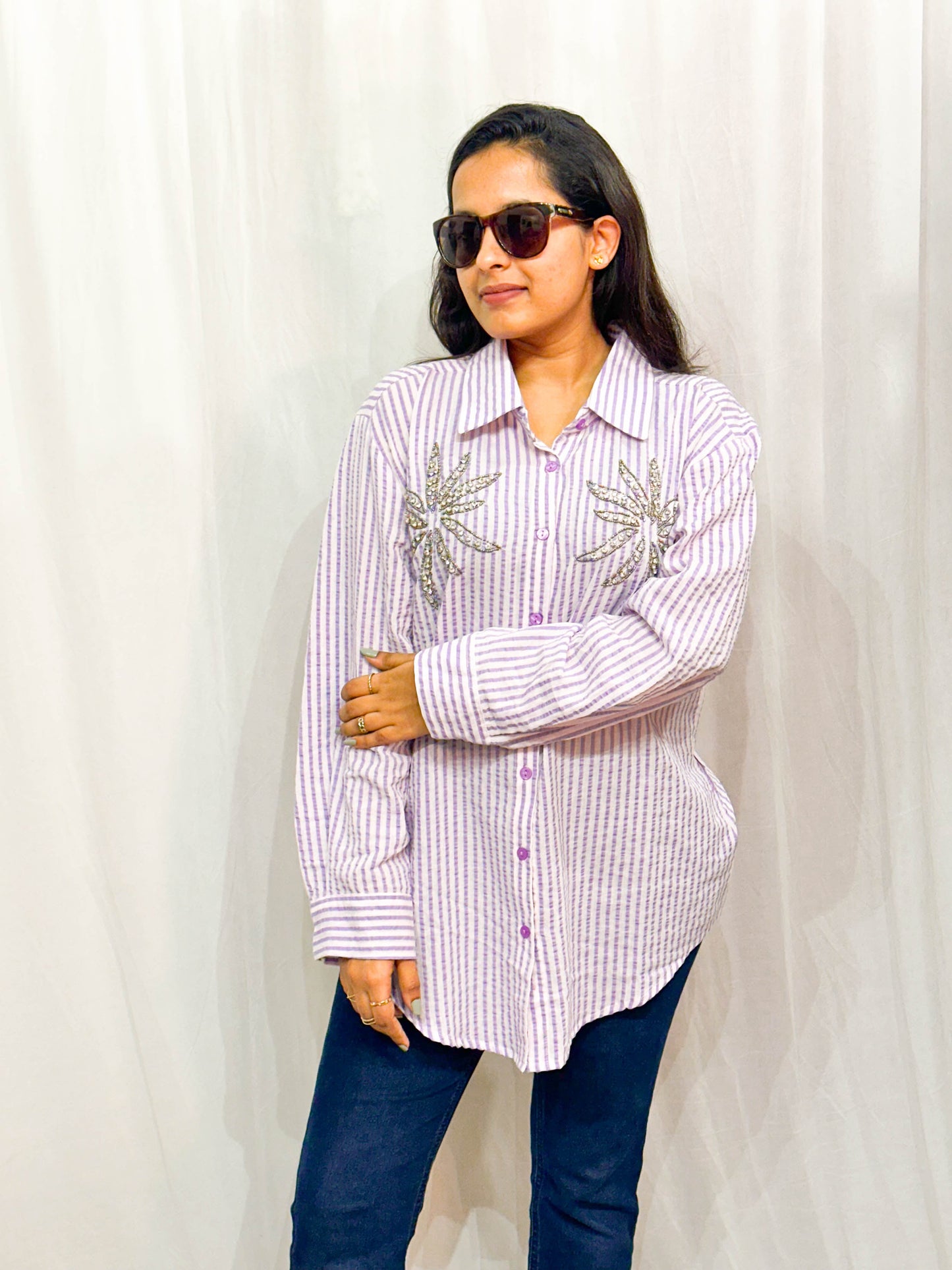 PURPLE STRIPED EMBELLISHED COTTON SHIRT BESU INDIA
