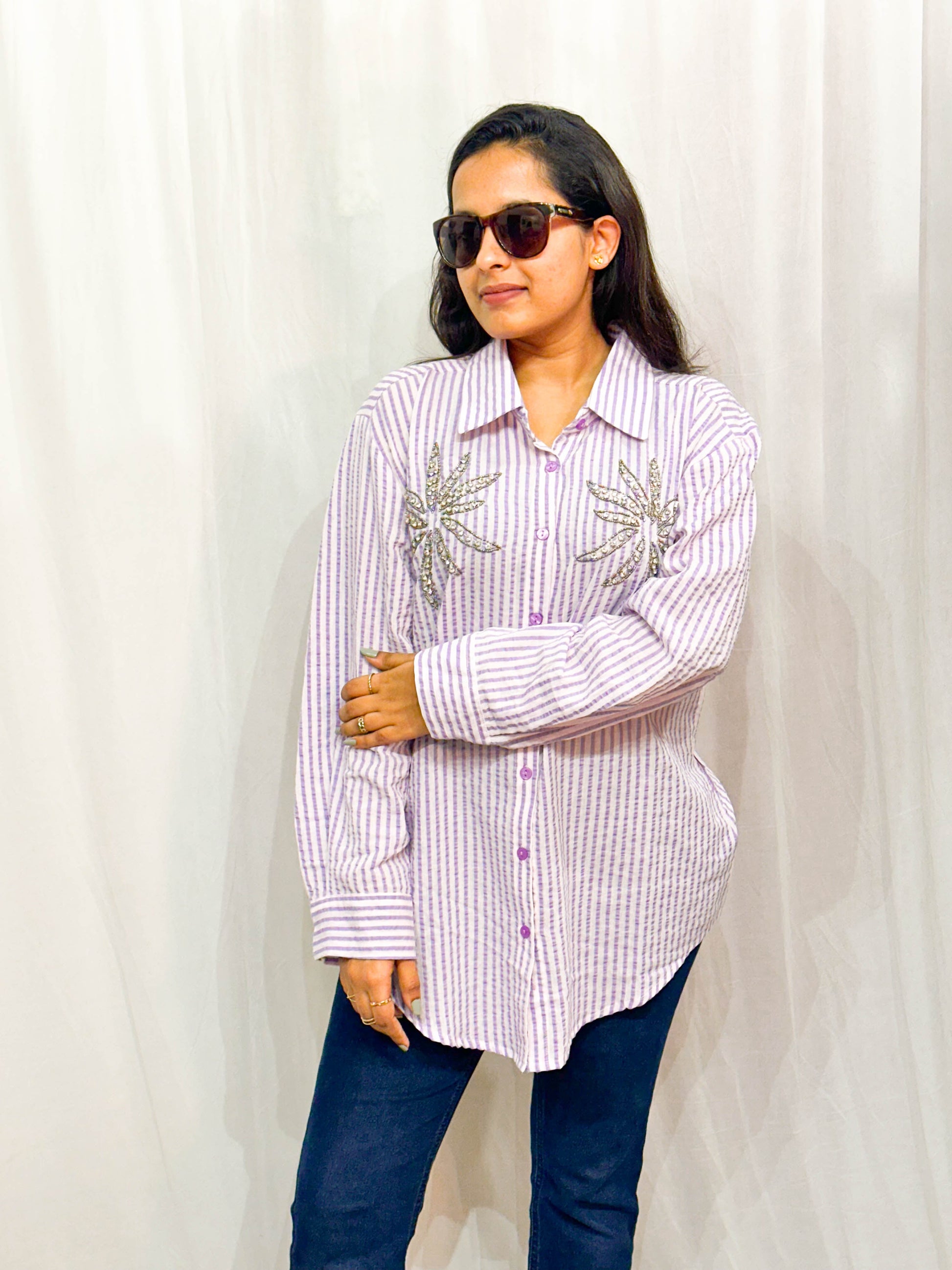 PURPLE STRIPED EMBELLISHED COTTON SHIRT BESU INDIA